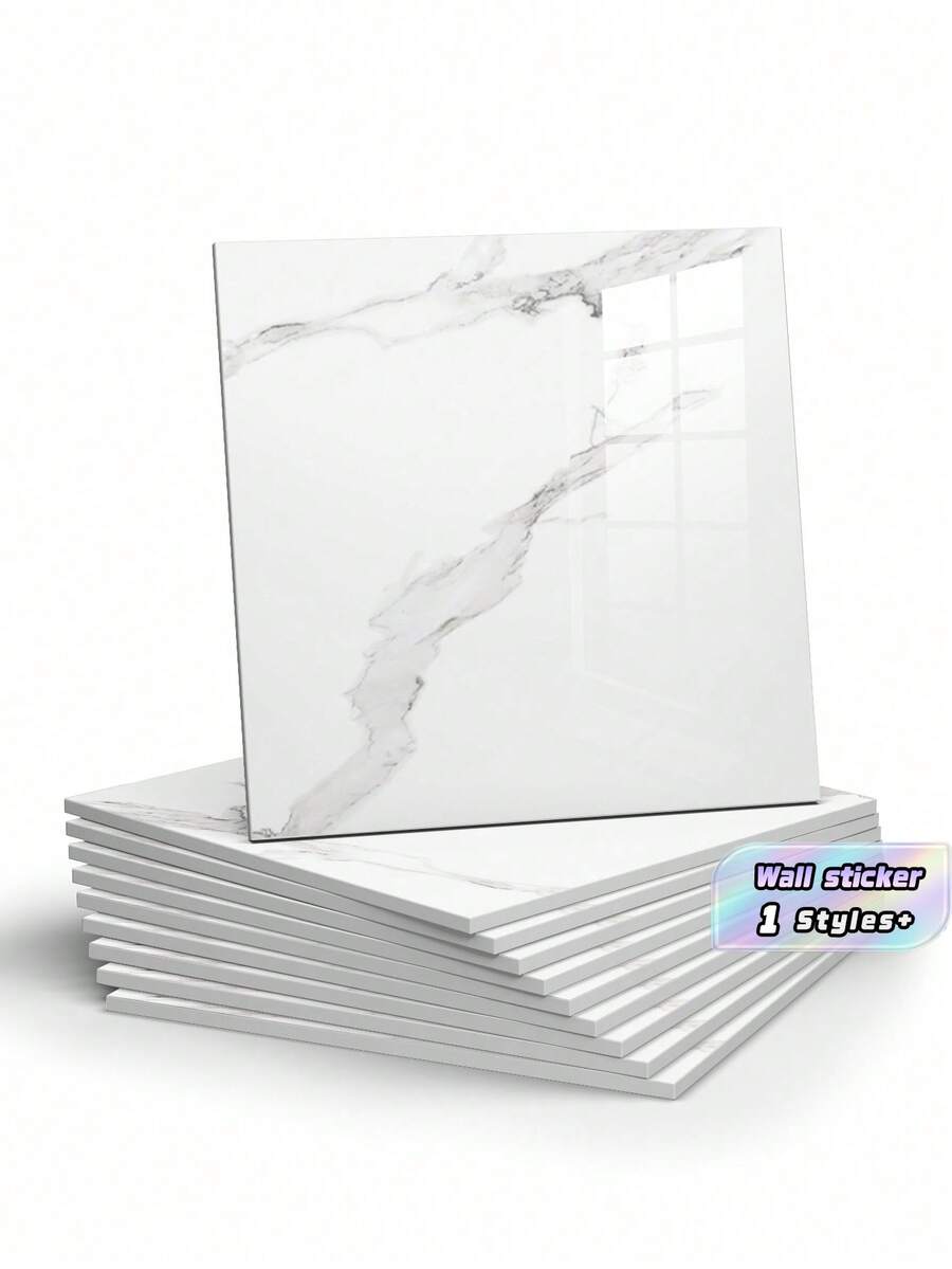 10-Piece Set (0.9m²) White Faux Marble Tile-Effect Self-Adhesive Wall Stickers – Waterproof, Moisture-Resistant, And Ideal For Covering Imperfections (Aluminum-Plastic Composite Material) - White - View 1