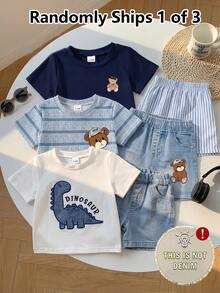 SHEIN 1 Random Set,, Simple Casual Cute Blue Bear Print Striped T-Shirt And Matching Print , Suitable For Summer Outings And Play - Multicolor - View 5