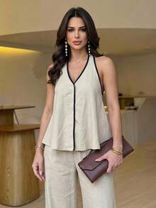 Firerie Bộ 2 món áo tank top cổ yếm viền và quần dài nữ phong cách thường ngày - Màu be - Xem 2