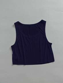 SHEIN EZwear 女款休閒深U領寬鬆短版背心，海軍藍，適合夏季 - 藏蓝色 - 查看 4
