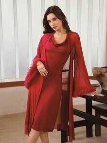 Hourtrue 3D Lace Mesh Long Robe, Cowl Neck Knit Cami Robe, Women's Sleepwear Set - Burgundy - View 12