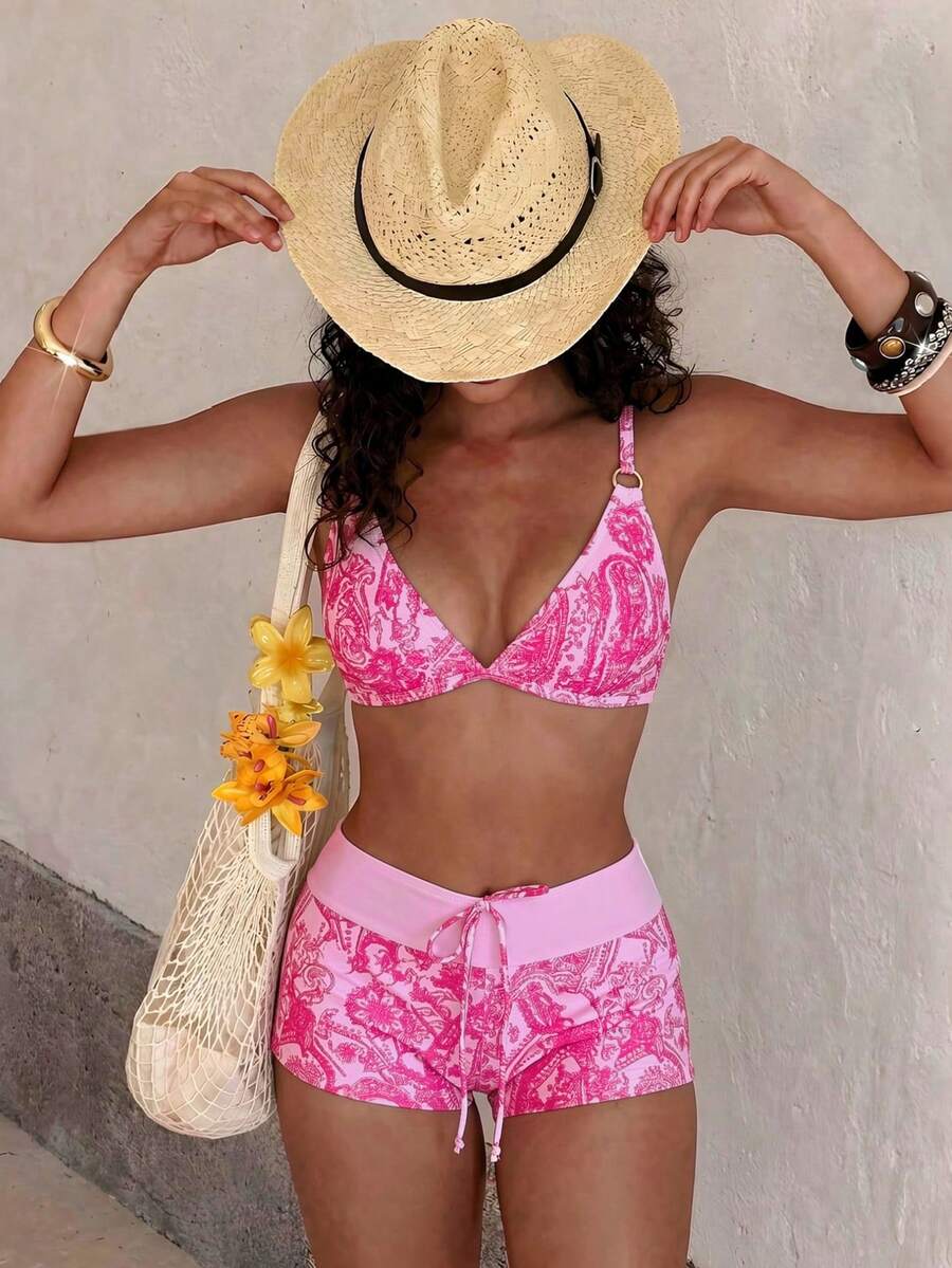 Bonvoyette Spring/Summer 2 Pieces Women's Beachwear Set Fashionable Cute Sexy Tropical Vacation Seaside Swimming Pool Party Beach Random Print Multi-Color Pink - Multicolor - View 1