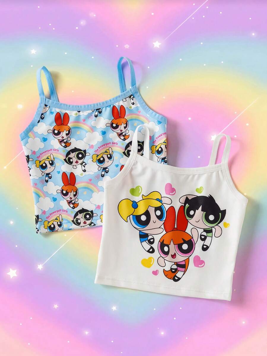 THE POWERPUFF GIRLS X SHEIN Young Girl Cartoon Print Casual Daily Wear Camisole Tank Top - Blue and White - View 1