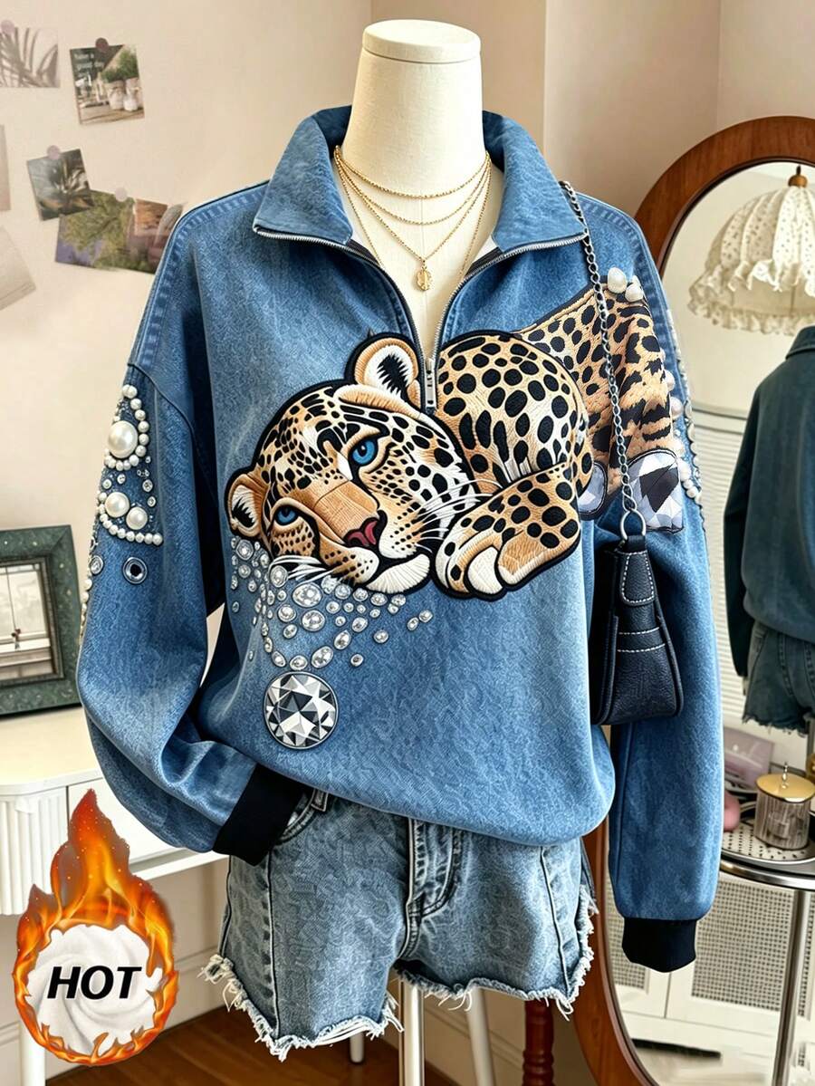 SHEIN 女款寬鬆版型拉鍊開襟領開衩運動衫 - 藍色 - 查看 1