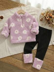 SHEIN Baby Girls Pink Fuzzy Jacket With Flower Pattern Half Zip Design For Fall Winter - Pink - View 5