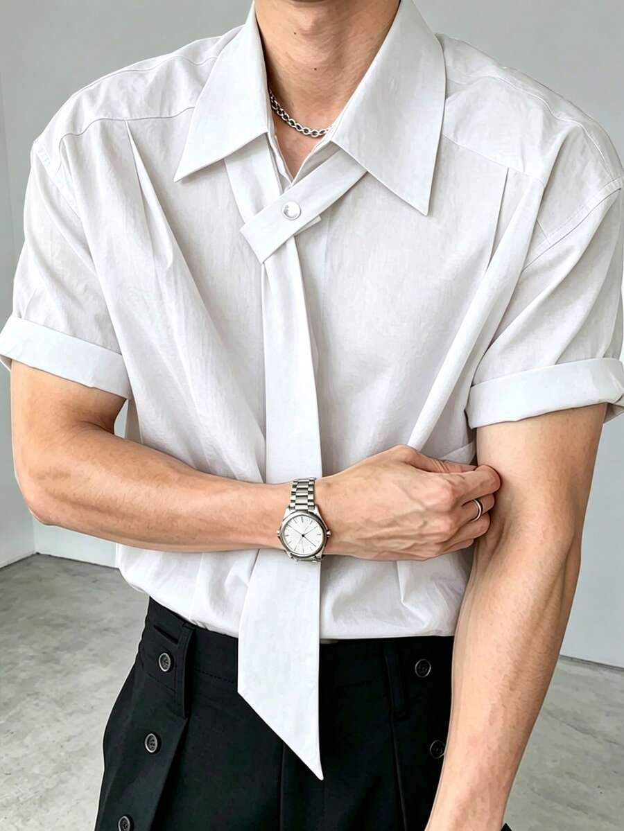 Resyla Men 男士休閒百搭純色綁帶短袖襯衫 - 白色 - 查看 1