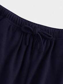SHEIN Girlism 少女寬鬆休閒極簡百搭寬腿羅紋針織抽繩運動長褲，純色 - 藏蓝色 - 查看 3