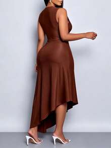 SOLERSUN Plus Size Women Solid Color Elastic Waist Pleated Asymmetric Elegant Dress, Suitable For All Seasons - Coffee Brown - View 7