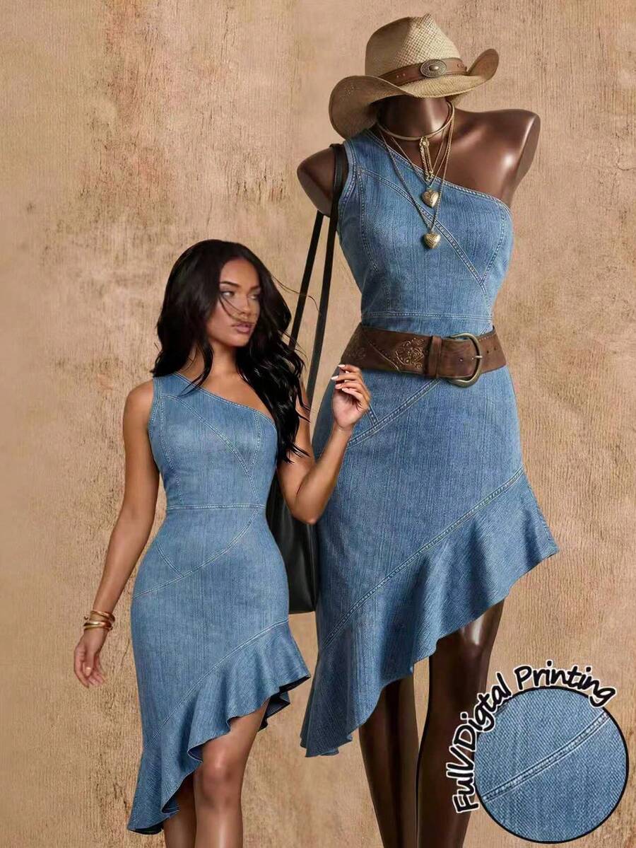 SHEIN Women's One Shoulder Sleeveless Ruffle Hem Denim Effect Dress Vacation Light Blue Autumn Casual,Outfit For Commuting And Dating In Early Autumn - Blue - View 1