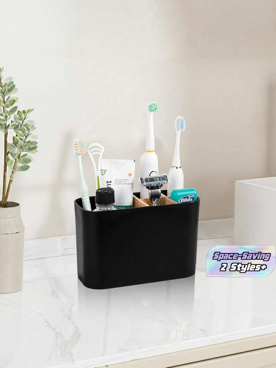 1PC Bathroom Toothbrush Holder With Bamboo Divider, Electric Toothbrush Stand, Toothbrush And Toothpaste Storage Organizer For Countertop - Multicolor - View 1