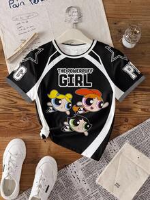 THE POWERPUFF GIRLS X SHEIN 青少年女孩字母卡通印花休閒百搭日常短袖T恤 - 白色 - 查看 8