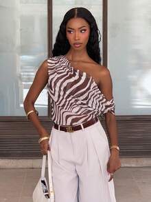 Mima John Elegant Party Mesh Zebra Print Sleeveless Camisole Top For Women Brown - Brown - View 2
