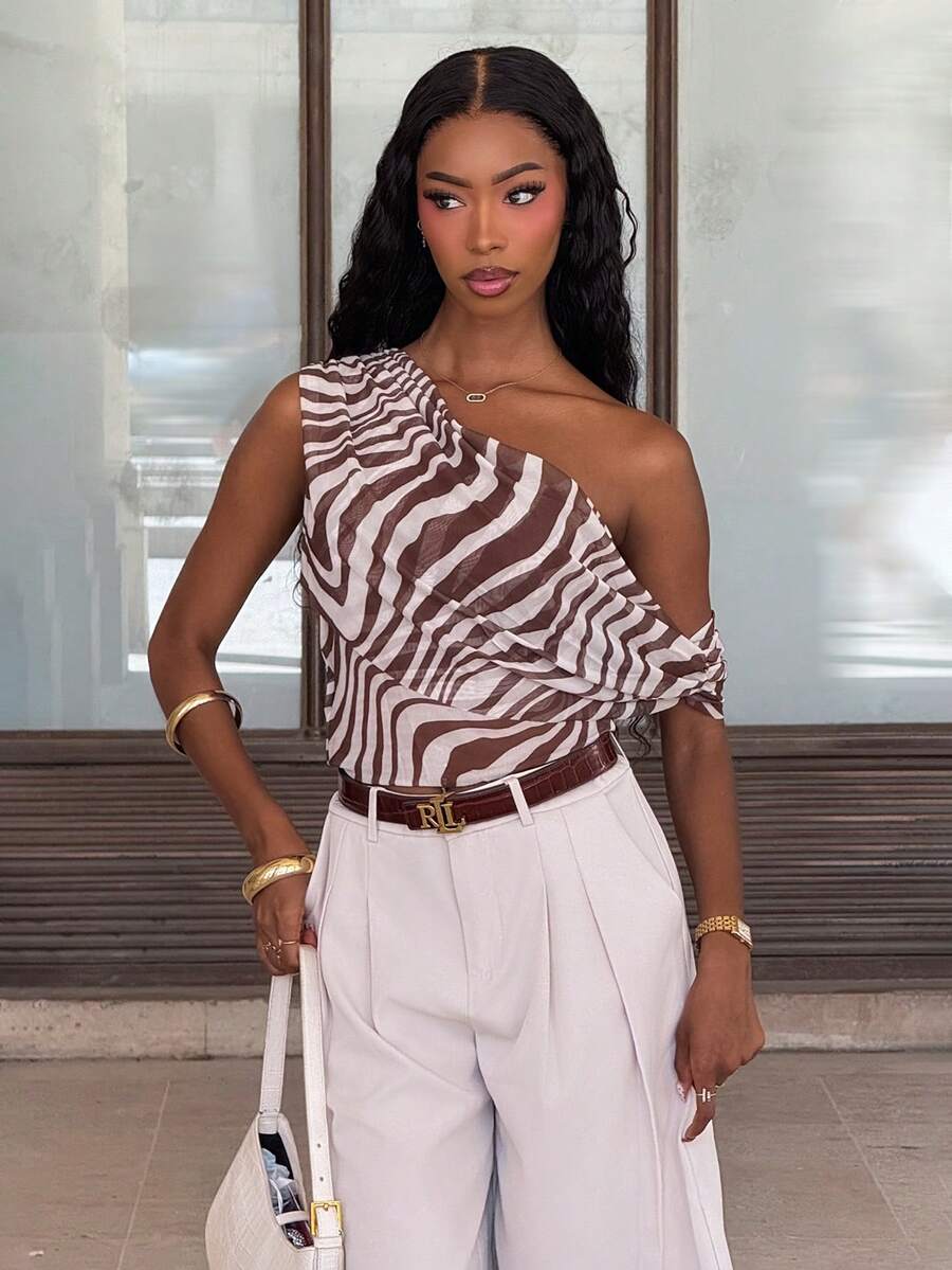 Mima John Elegant Party Mesh Zebra Print Sleeveless Camisole Top For Women Brown