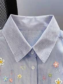 Resyla Woven Oversized Preppy Cute Dropped Shoulder Long Sleeve Collared Shirt Teachers' Day School Blue And White Striped Autumn - Blue - View 5