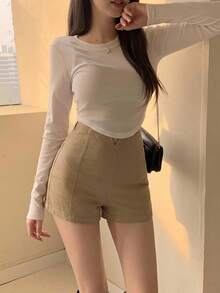 DAZY 女款夏季休閒百搭純色高腰短褲 - 卡其色 - 查看 2