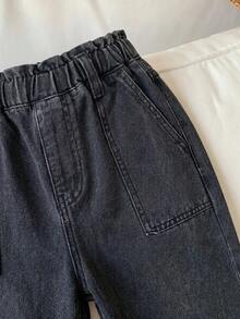 SHEIN Girlism 少女女孩黑色牛仔寬鬆長褲，荷葉邊飾邊，秋冬萬聖節 Y2K 畢業返校穿搭 - 黑色 - 查看 4