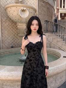 SHEIN MOD Women's Summer Floral Flocked Strap Dress - Black - View 5