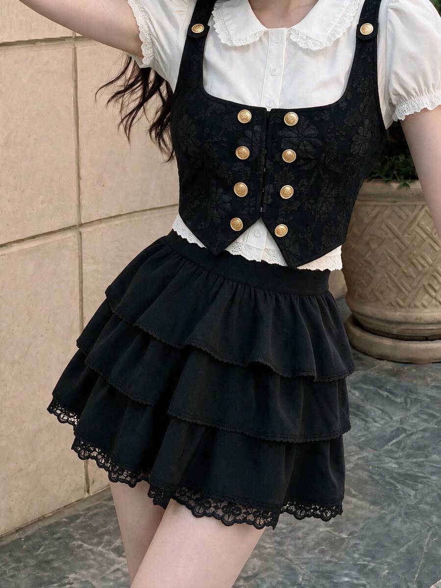 SHEIN MOD Women's Solid Color Lace Patchwork Multi-Layer Skirt - Black - View 1