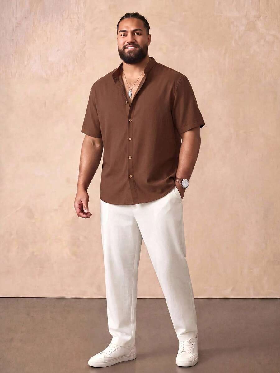 EASEVO Men's Plus Size Solid Color Short Sleeve Shirt And Pants Casual Set - Multicolor - View 1