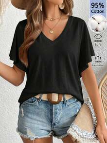 SHEIN LUNE Women's Pure Black 95% Cotton Butterfly Sleeve V-Neck Versatile T-Shirt - Black - View 1