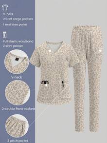 TaskEZ Scrub Set, Cute Leopard Print Pattern, Suitable For Work Commute, Pet Hospital - Multicolor - View 1