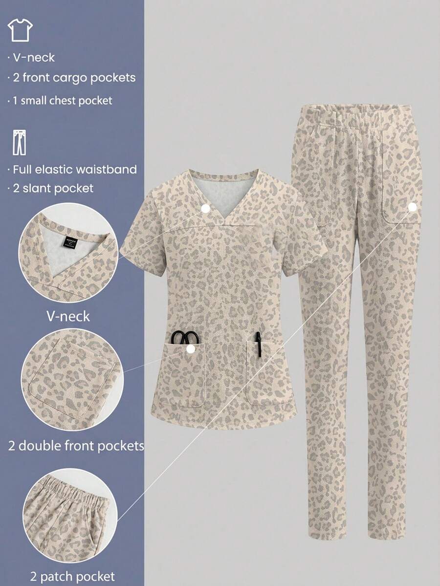 TaskEZ Scrub Set, Cute Leopard Print Pattern, Suitable For Work Commute, Pet Hospital - Multicolor - View 1