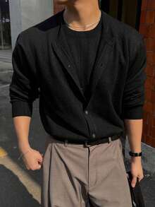 DAZY Black Long Sleeve Solid Color Round Neck Commuter Men's Cardigan - Black - View 1