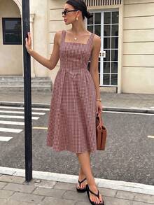 Siren Gaze Casual Vacation Style Red Plaid Full Print Pattern Women's Mid-Length Dress Suitable For Spring And Summer - Multicolor - View 5