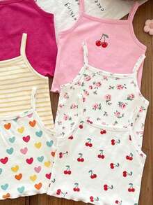 1件隨機款女嬰夏季柔軟布料花卉印花細肩帶背心上衣，休閒度假海灘日常穿著 - 彩色 - 查看 3