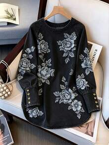 Resyla Women's Floral Denim Effect Print Raglan Long Sleeve Casual Top - Multicolor - View 3