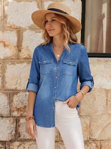 EMERY ROSE Blusa casual de denim con cuello recortado para mujer - Azul lavado medio - Ver 5