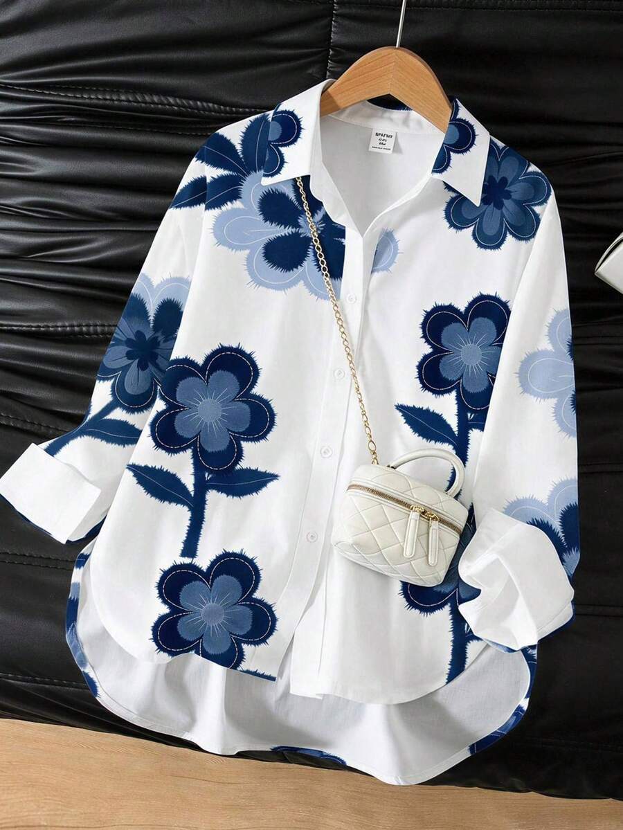 SHEIN 青少年女孩寬鬆休閒極簡舒適翻領圖案長袖襯衫 返校季初秋白色襯衫:蝴蝶結彼得潘領,學院風 - 白色 - 查看 1