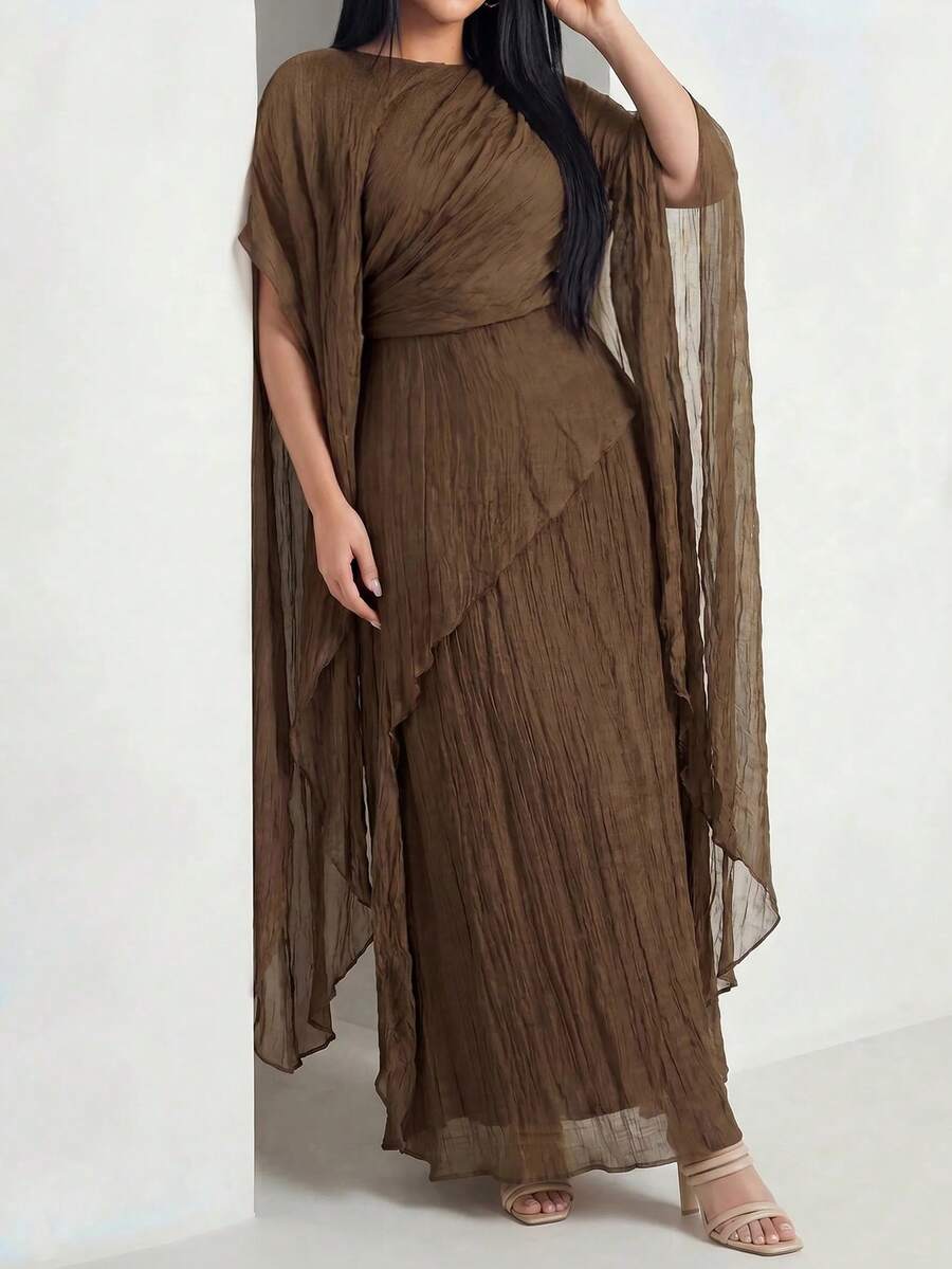 Veilorie Plus Size Elegant Solid Color Party Dress - Coffee Brown - View 1