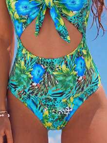 SHEIN Swim 新款豹纹露背连体性感修身比基尼泳衣 - 綠色 - 查看 4