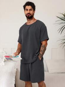 DAZY Conjunto de pijama de verano gris sólido para hombres, ropa de vuelta al colegio - Gris Oscuro - Ver 8
