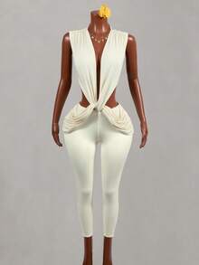Mistrie Women's Solid Color Deep V-Neck Twist Design Cutout Sleeveless Sexy Jumpsuit Party Club Beige Summer - Apricot - View 5