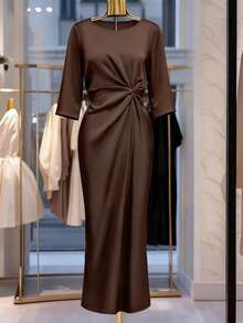 GlowEve CURVE Women's Round Neck Mid-Sleeve Commuter Dress, Spring Summer Autumn Elegant Party Dress Fall - Brown - View 1