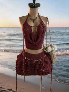 Soleia Women's Spring/Summer Romantic Tropical Boho Vacation 2 Pieces Set: Draped Neck Crochet Tank Top, Steel Bead Tassel Decor + Multi-Layer Ruffle Skirt - Burgundy - View 13