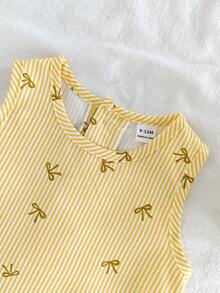 SHEIN Vintaside Kids 女嬰春夏梭織寬鬆蝴蝶結無袖洋裝，簡約田園女孩風，拼接寬鬆荷葉邊魚尾裙襬，適合日常外出、上學、生日派對與居家休閒 - 黃色 - 查看 9