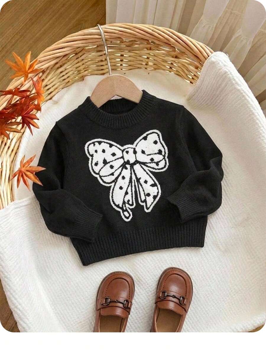 SHEIN 女嬰百搭休閒可愛黑色蝴蝶結圖案長袖秋冬毛衣 - 黑色 - 查看 1