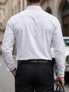 Calvornis Contrast Trim Front Button Business Casual Long Sleeve Formal Shirt Men Casual White Contrast Light Blue Dress Shirt, For Fall, Ceremony - White - View 2