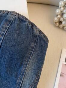 SHEIN MOD 女款時尚百搭繫帶牛仔抹胸上衣 - 深色水洗藍 - 查看 4