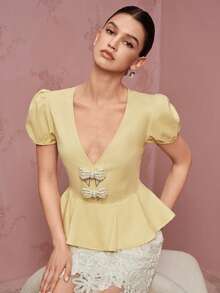 BELROSIE 優雅法式復古通勤風清新女款短款花瓣袖襯衫 - 黃色 - 查看 7