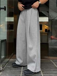 DAZY Men's Long Gray Pleated Design Elastic Waist Loose Wide Leg Sweatpants - Light Grey - View 8