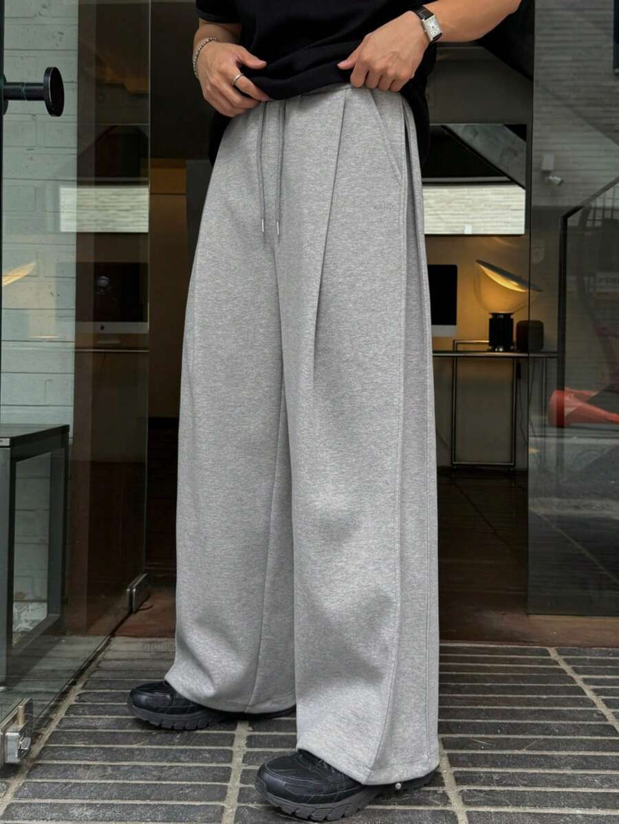 DAZY Men's Long Gray Pleated Design Elastic Waist Loose Wide Leg Sweatpants - Light Grey - View 1