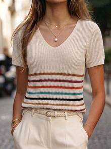 Isle Nomé Women's Casual Vacation Colorful Striped Knit Top, Spring/Summer - Apricot - View 5