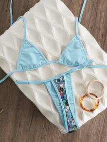 Swim Vcay Women's Fashion Sequin Embroidered Halter Tie Tank Top And Triangle Bikini Bottom Swimsuit Set - Multicolor - View 2