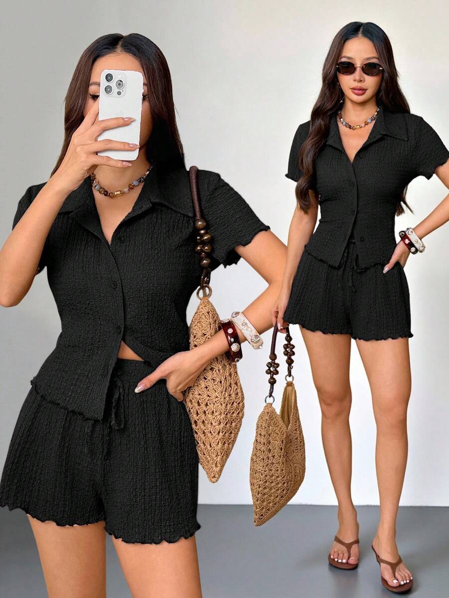 SHEIN PETITE 2件組女款休閒基礎素色插肩袖短袖紋理布料套裝 夏季黑色度假風 - 黑色 - 查看 1