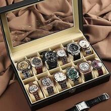 FEILIYA Uten 12 Slot Watch Box With Drawer, Men's Watch Display Case With Glass Cover, Double Layer Jewelry And Watch Storage Box, Unisex, Black,Room Decor - Black - View 13