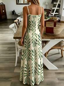 Selamara Retro Plant Leaf Print V-Neck Slip Dress, Loose Hip-Covering Long Vest Dress For Beach Vacation - Multicolor - View 2